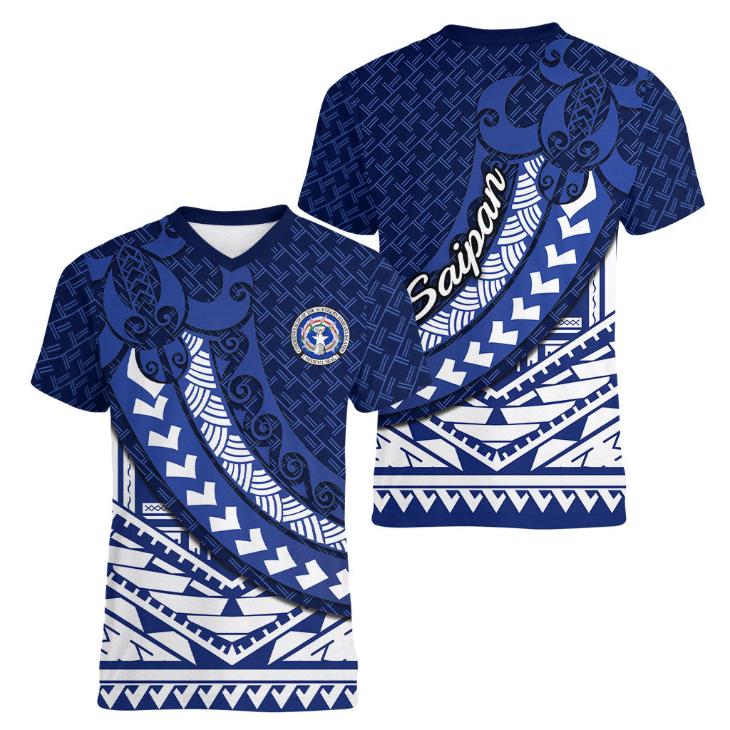 Northern Mariana Islands Saipan Women V-Neck T-Shirt Polynesian Tribal Pattern - Commonwealth Seal Art TS04 - Polynesian Pride