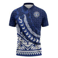 Northern Mariana Islands Saipan Zipper Polo Shirt Polynesian Tribal Pattern - Commonwealth Seal Art TS04 Blue White - Polynesian Pride