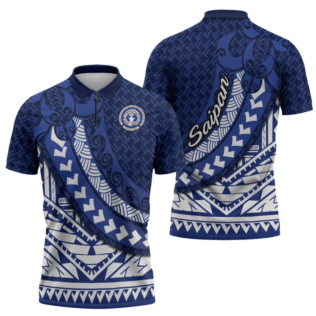 Northern Mariana Islands Saipan Zipper Polo Shirt Polynesian Tribal Pattern - Commonwealth Seal Art TS04 - Polynesian Pride