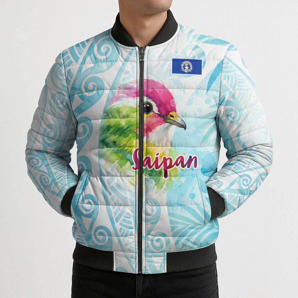 Saipan CMNI Bomber Puffer Jacket Polynesian Northern Mariana Islands Fruit Dove Watercolor