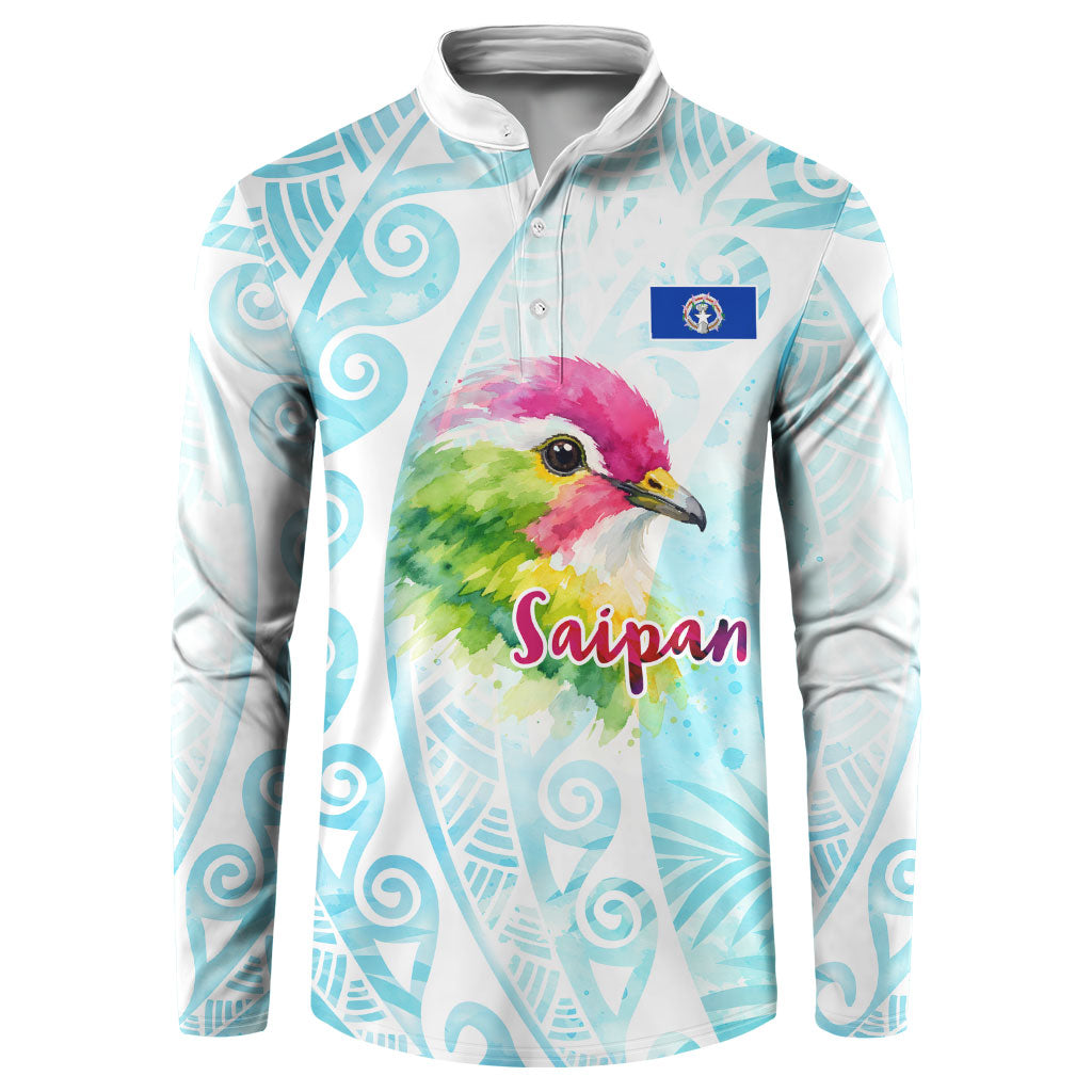 Saipan CMNI Button Sweatshirt Polynesian Northern Mariana Islands Fruit Dove Watercolor TS04 Blue White - Polynesian Pride