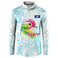 Saipan CMNI Button Sweatshirt Polynesian Northern Mariana Islands Fruit Dove Watercolor TS04 Blue White - Polynesian Pride