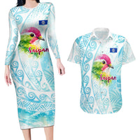 Saipan CMNI Couples Matching Long Sleeve Bodycon Dress and Hawaiian Shirt Polynesian Northern Mariana Islands Fruit Dove Watercolor