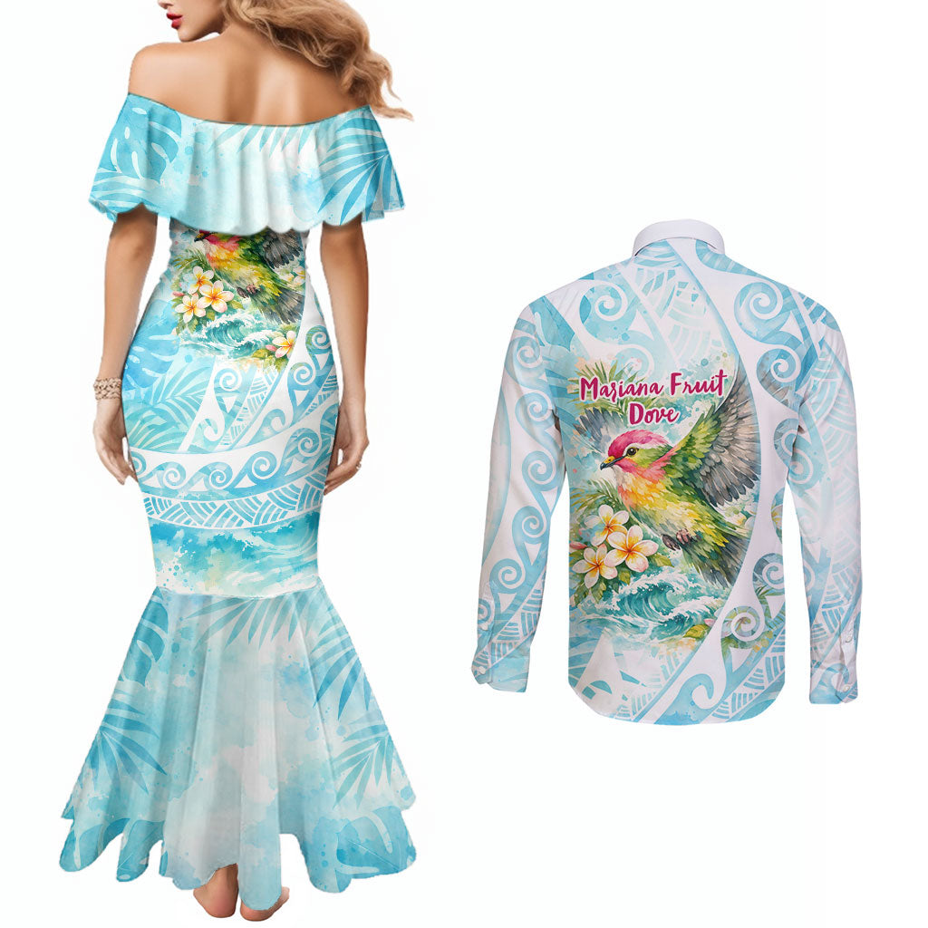 Saipan CMNI Couples Matching Mermaid Dress and Long Sleeve Button Shirt Polynesian Northern Mariana Islands Fruit Dove Watercolor