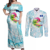 Saipan CMNI Couples Matching Off Shoulder Maxi Dress and Long Sleeve Button Shirt Polynesian Northern Mariana Islands Fruit Dove Watercolor
