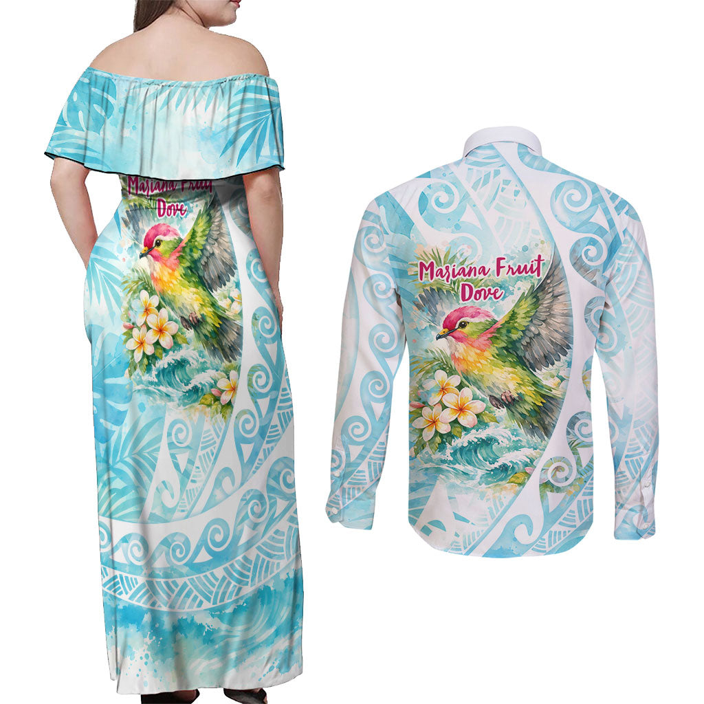 Saipan CMNI Couples Matching Off Shoulder Maxi Dress and Long Sleeve Button Shirt Polynesian Northern Mariana Islands Fruit Dove Watercolor