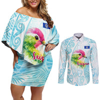 Saipan CMNI Couples Matching Off Shoulder Short Dress and Long Sleeve Button Shirt Polynesian Northern Mariana Islands Fruit Dove Watercolor