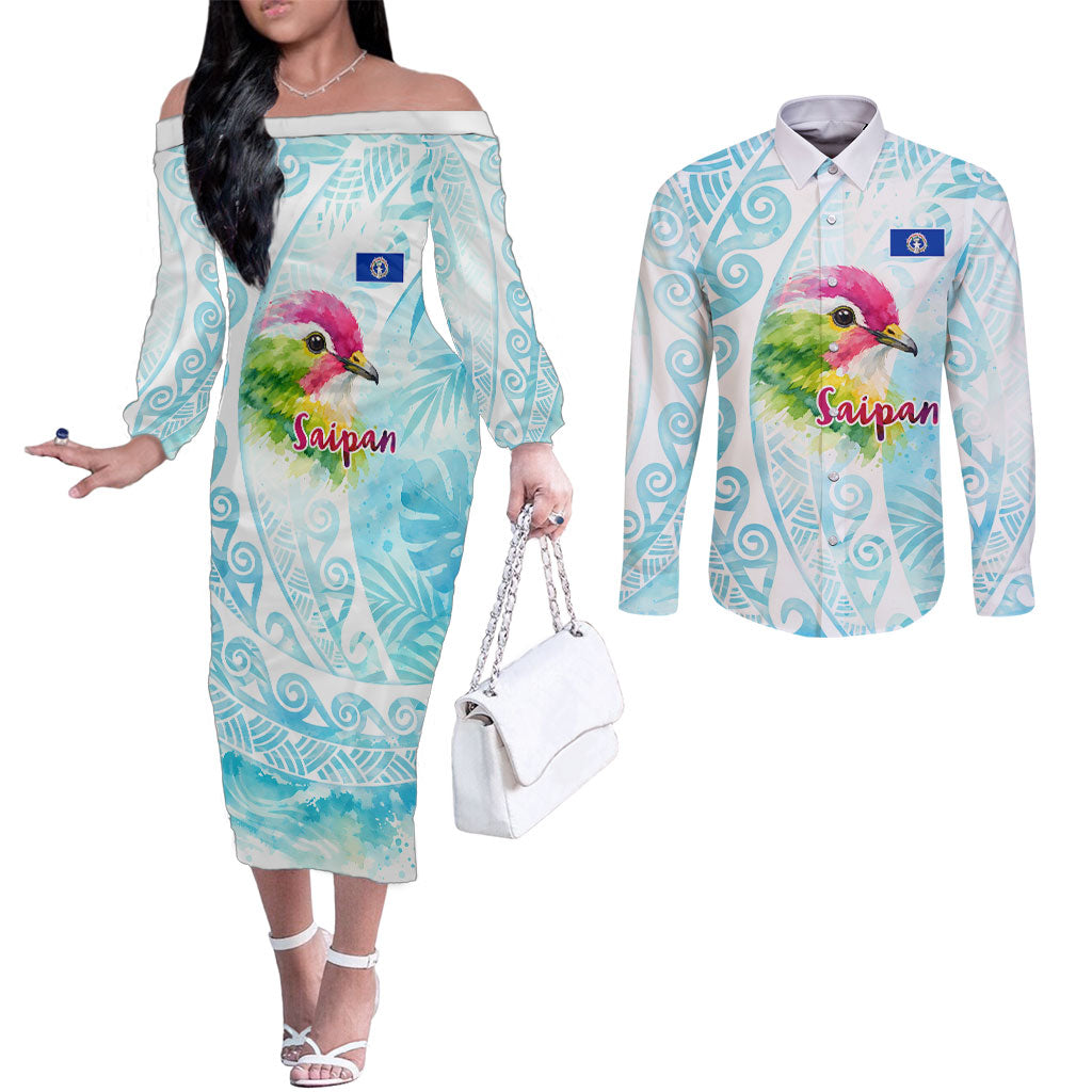 Saipan CMNI Couples Matching Off The Shoulder Long Sleeve Dress and Long Sleeve Button Shirt Polynesian Northern Mariana Islands Fruit Dove Watercolor