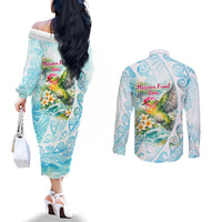 Saipan CMNI Couples Matching Off The Shoulder Long Sleeve Dress and Long Sleeve Button Shirt Polynesian Northern Mariana Islands Fruit Dove Watercolor