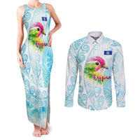 Saipan CMNI Couples Matching Tank Maxi Dress and Long Sleeve Button Shirt Polynesian Northern Mariana Islands Fruit Dove Watercolor