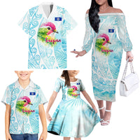 Saipan CMNI Family Matching Off The Shoulder Long Sleeve Dress and Hawaiian Shirt Polynesian Northern Mariana Islands Fruit Dove Watercolor