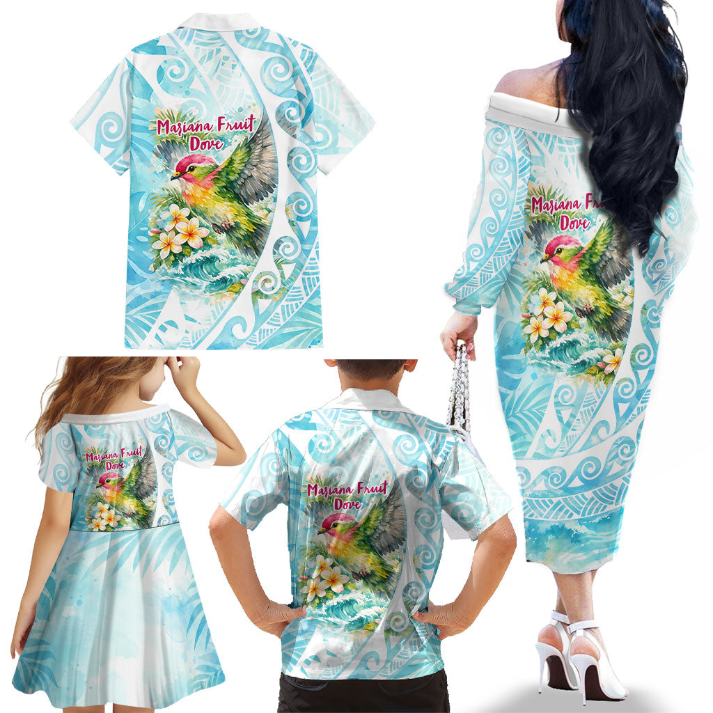 Saipan CMNI Family Matching Off The Shoulder Long Sleeve Dress and Hawaiian Shirt Polynesian Northern Mariana Islands Fruit Dove Watercolor