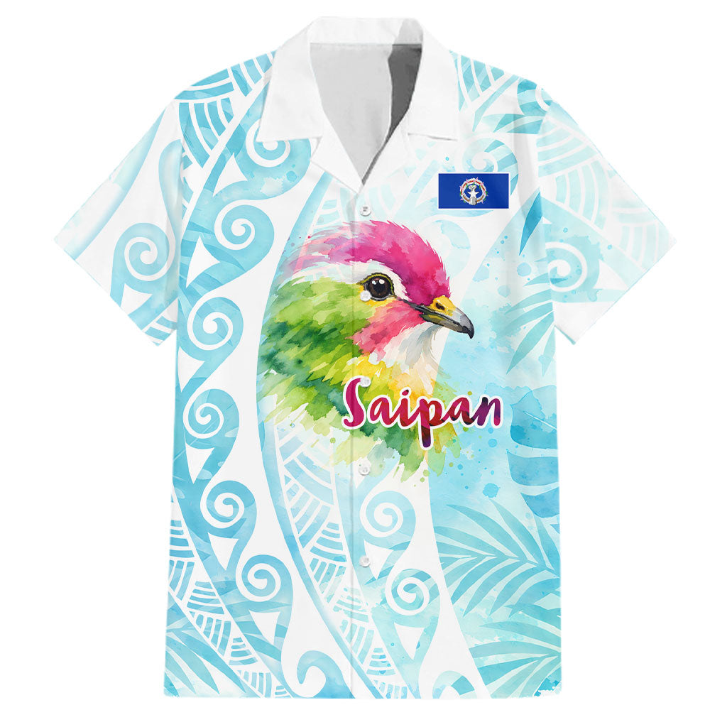Saipan CMNI Family Matching Off The Shoulder Long Sleeve Dress and Hawaiian Shirt Polynesian Northern Mariana Islands Fruit Dove Watercolor