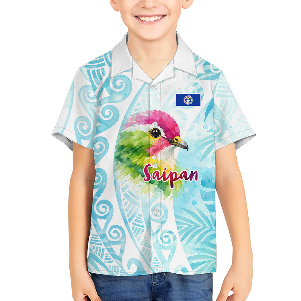 Saipan CMNI Family Matching Off The Shoulder Long Sleeve Dress and Hawaiian Shirt Polynesian Northern Mariana Islands Fruit Dove Watercolor