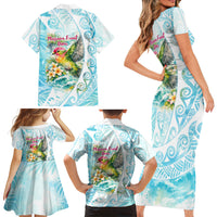 Saipan CMNI Family Matching Short Sleeve Bodycon Dress and Hawaiian Shirt Polynesian Northern Mariana Islands Fruit Dove Watercolor