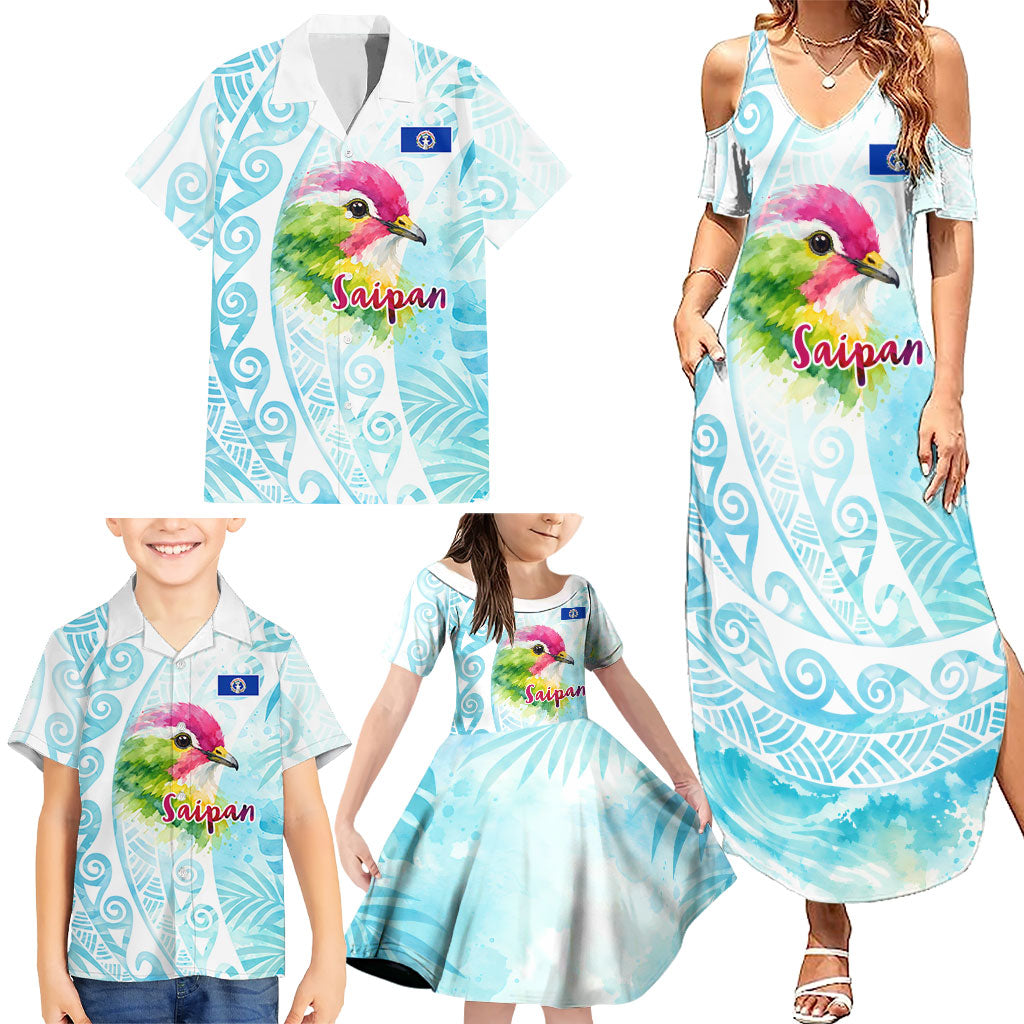 Saipan CMNI Family Matching Summer Maxi Dress and Hawaiian Shirt Polynesian Northern Mariana Islands Fruit Dove Watercolor