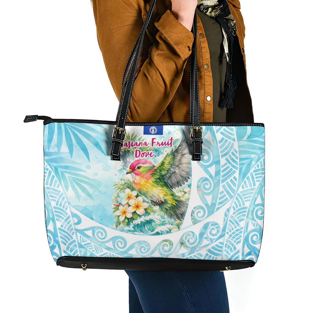 Saipan CMNI Leather Tote Bag Polynesian Northern Mariana Islands Fruit Dove Watercolor