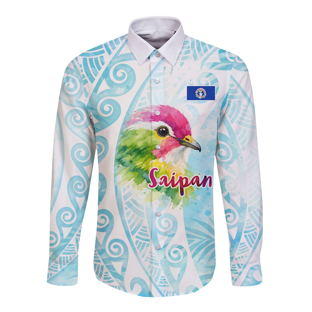 Saipan CMNI Long Sleeve Button Shirt Polynesian Northern Mariana Islands Fruit Dove Watercolor TS04 Unisex Blue White - Polynesian Pride