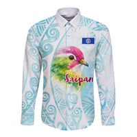 Saipan CMNI Long Sleeve Button Shirt Polynesian Northern Mariana Islands Fruit Dove Watercolor TS04 Unisex Blue White - Polynesian Pride