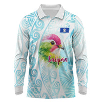 Saipan CMNI Long Sleeve Polo Shirt Polynesian Northern Mariana Islands Fruit Dove Watercolor TS04 Blue White - Polynesian Pride