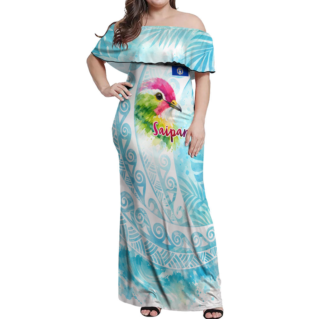 Saipan CMNI Off Shoulder Maxi Dress Polynesian Northern Mariana Islands Fruit Dove Watercolor
