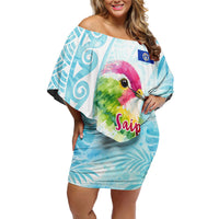 Saipan CMNI Off Shoulder Short Dress Polynesian Northern Mariana Islands Fruit Dove Watercolor TS04 Women Blue White - Polynesian Pride
