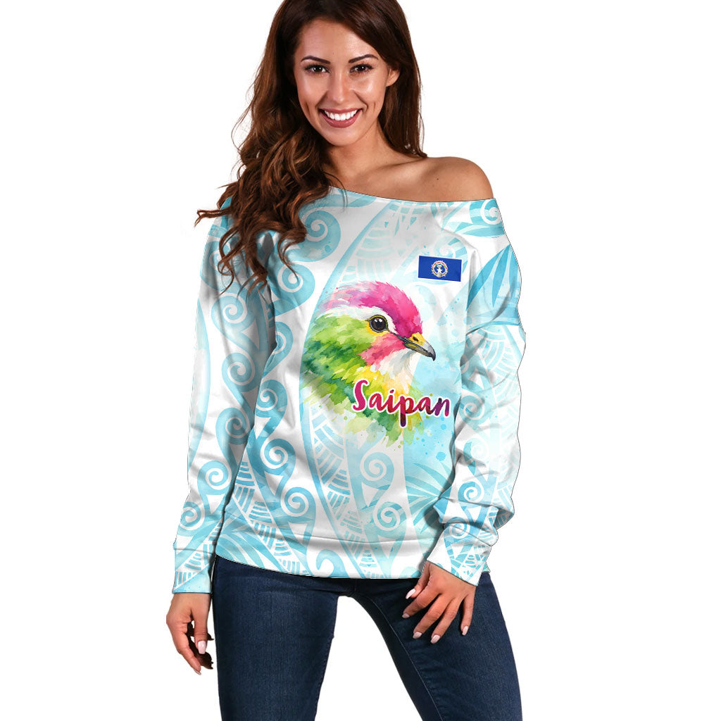 Saipan CMNI Off Shoulder Sweater Polynesian Northern Mariana Islands Fruit Dove Watercolor TS04 Women Blue White - Polynesian Pride