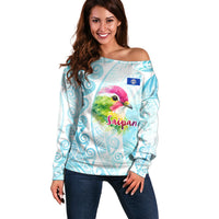 Saipan CMNI Off Shoulder Sweater Polynesian Northern Mariana Islands Fruit Dove Watercolor TS04 Women Blue White - Polynesian Pride