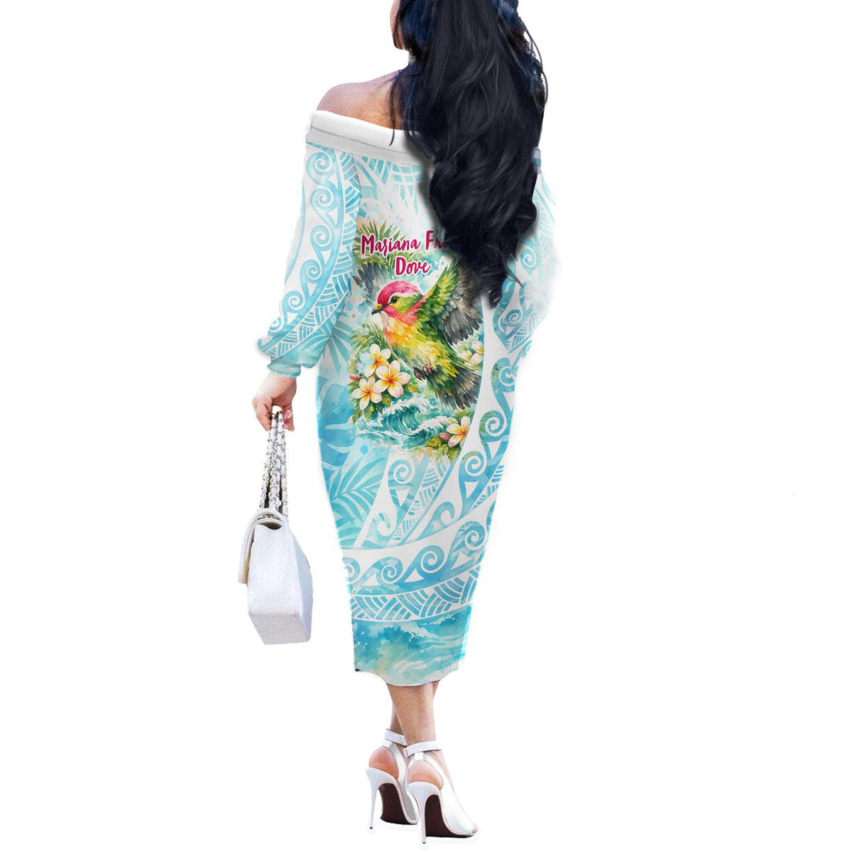 Saipan CMNI Off The Shoulder Long Sleeve Dress Polynesian Northern Mariana Islands Fruit Dove Watercolor