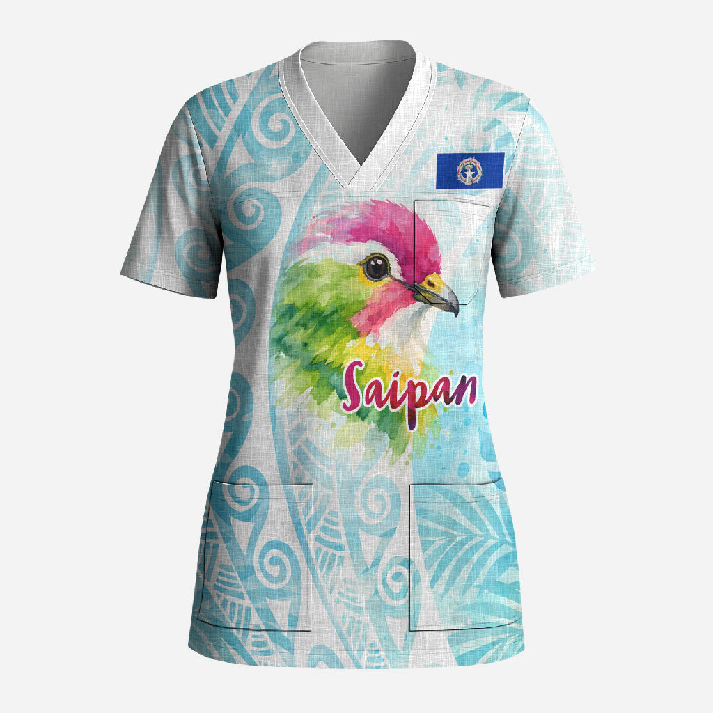 Saipan CMNI Scrub Top Polynesian Northern Mariana Islands Fruit Dove Watercolor