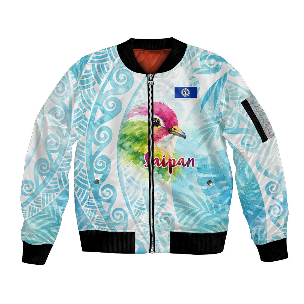 Saipan CMNI Sleeve Zip Bomber Jacket Polynesian Northern Mariana Islands Fruit Dove Watercolor