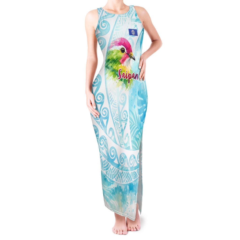 Saipan CMNI Tank Maxi Dress Polynesian Northern Mariana Islands Fruit Dove Watercolor TS04 Women Blue White - Polynesian Pride