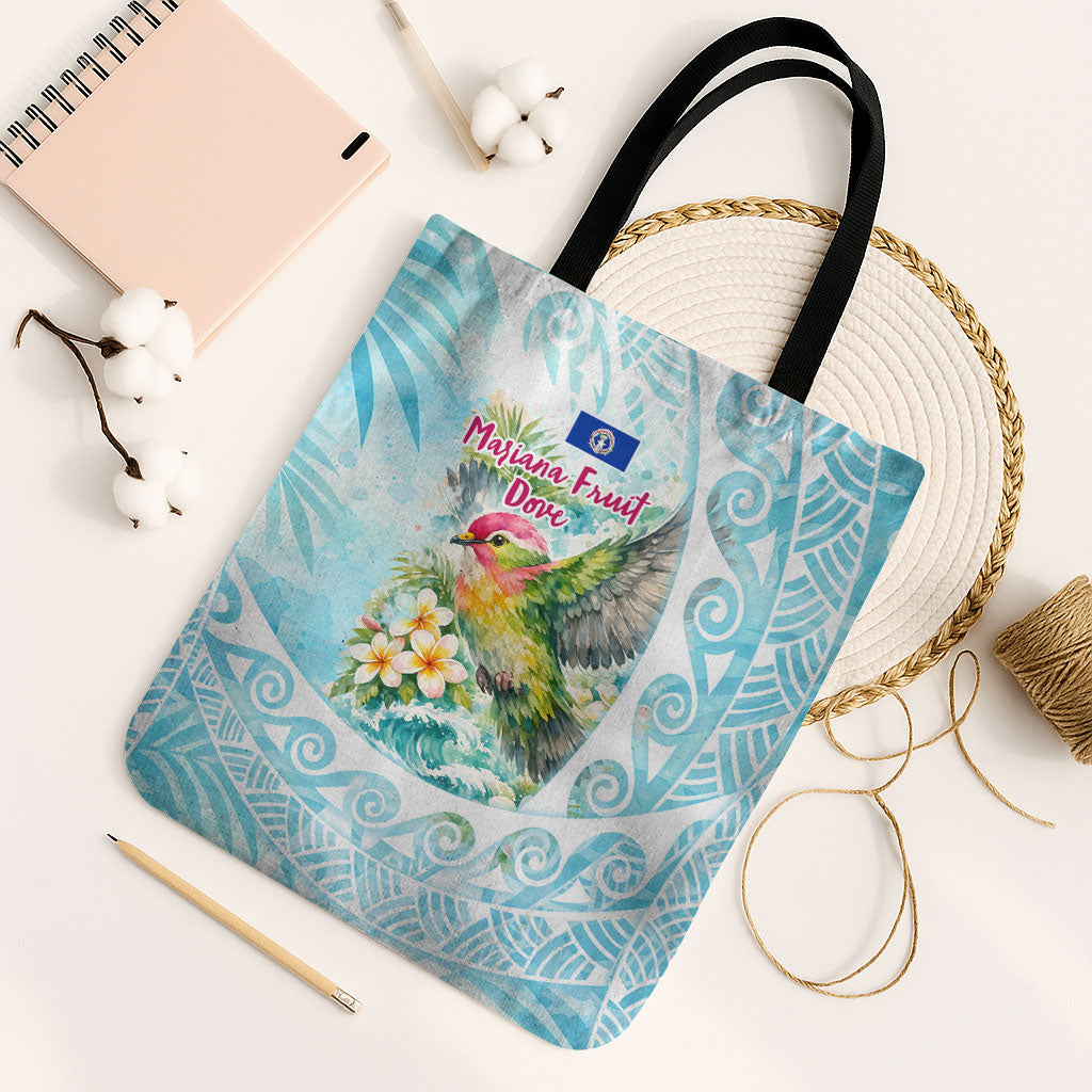 Saipan CMNI Tote Bag Polynesian Northern Mariana Islands Fruit Dove Watercolor TS04 Black Strap One Size Blue White - Polynesian Pride