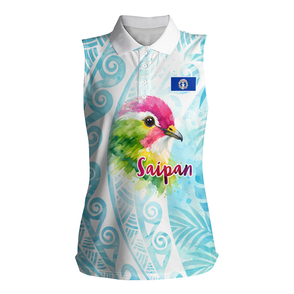 Saipan CMNI Women Sleeveless Polo Shirt Polynesian Northern Mariana Islands Fruit Dove Watercolor