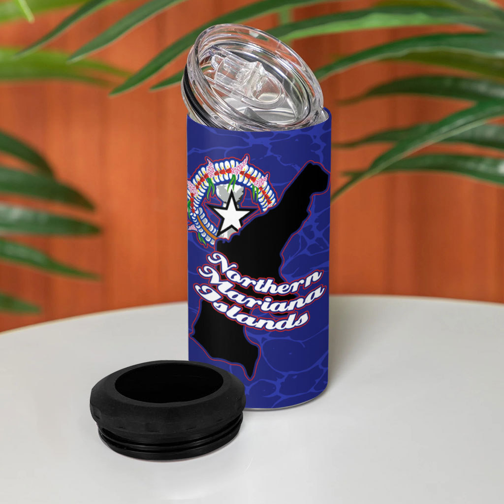 Saipan Northern Mariana Islands 4 in 1 Can Cooler Tumbler Polynesian Tribal Tattoo Art With Hibiscus Flowers And Seal