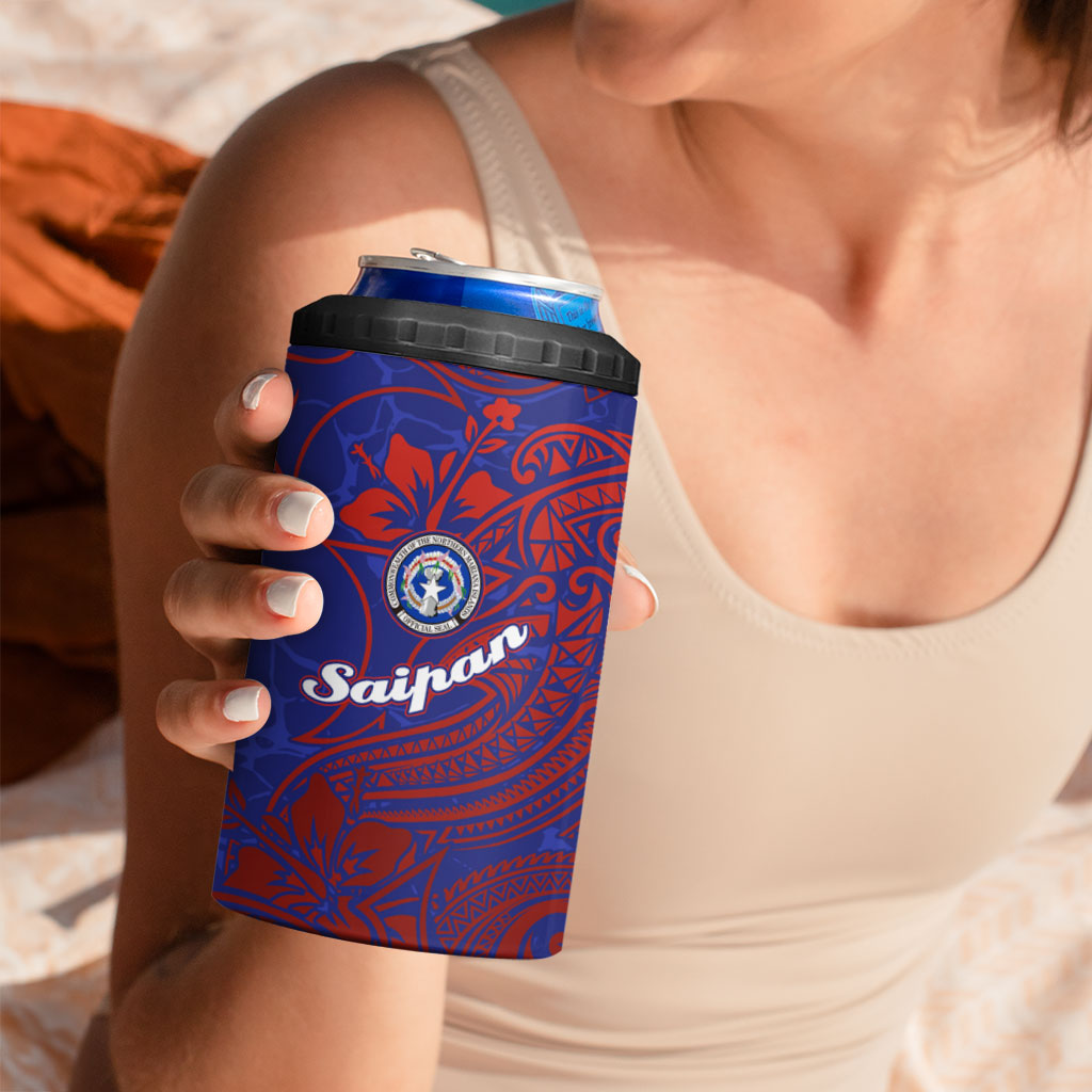 Saipan Northern Mariana Islands 4 in 1 Can Cooler Tumbler Polynesian Tribal Tattoo Art With Hibiscus Flowers And Seal