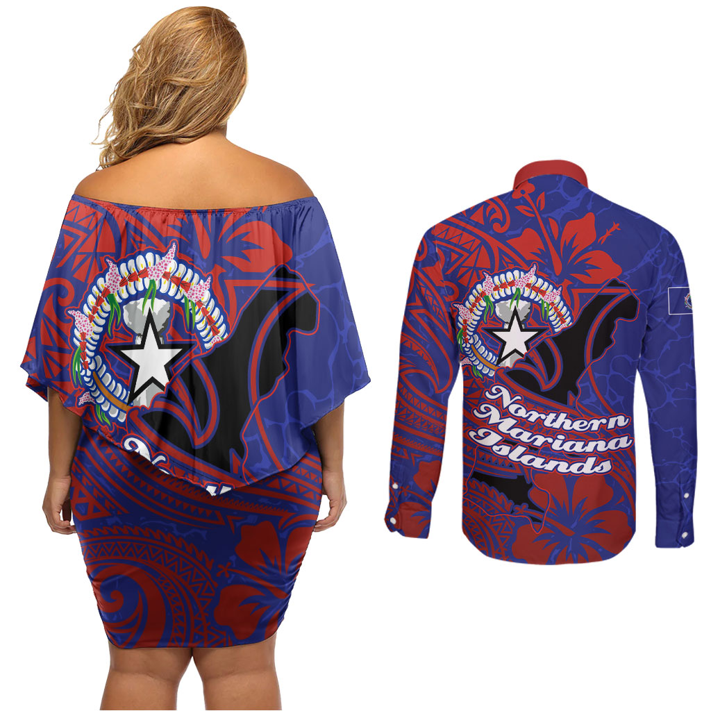 Saipan Northern Mariana Islands Couples Matching Off Shoulder Short Dress and Long Sleeve Button Shirt Polynesian Tribal Tattoo Art With Hibiscus Flowers And Seal