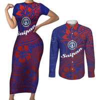 Saipan Northern Mariana Islands Couples Matching Short Sleeve Bodycon Dress and Long Sleeve Button Shirt Polynesian Tribal Tattoo Art With Hibiscus Flowers And Seal