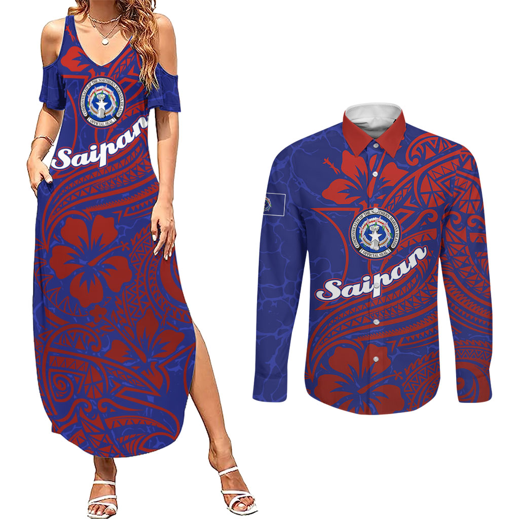 Saipan Northern Mariana Islands Couples Matching Summer Maxi Dress and Long Sleeve Button Shirt Polynesian Tribal Tattoo Art With Hibiscus Flowers And Seal