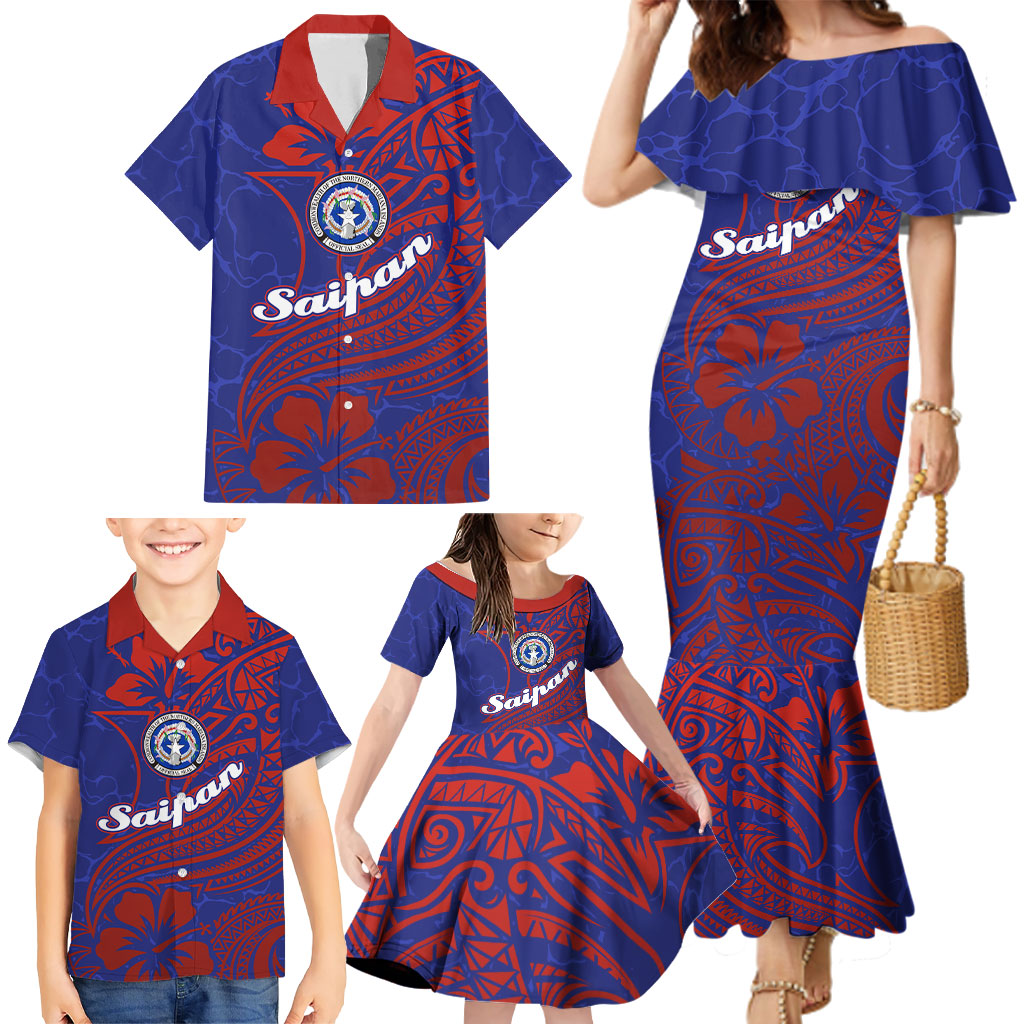 Saipan Northern Mariana Islands Family Matching Mermaid Dress and Hawaiian Shirt Polynesian Tribal Tattoo Art With Hibiscus Flowers And Seal