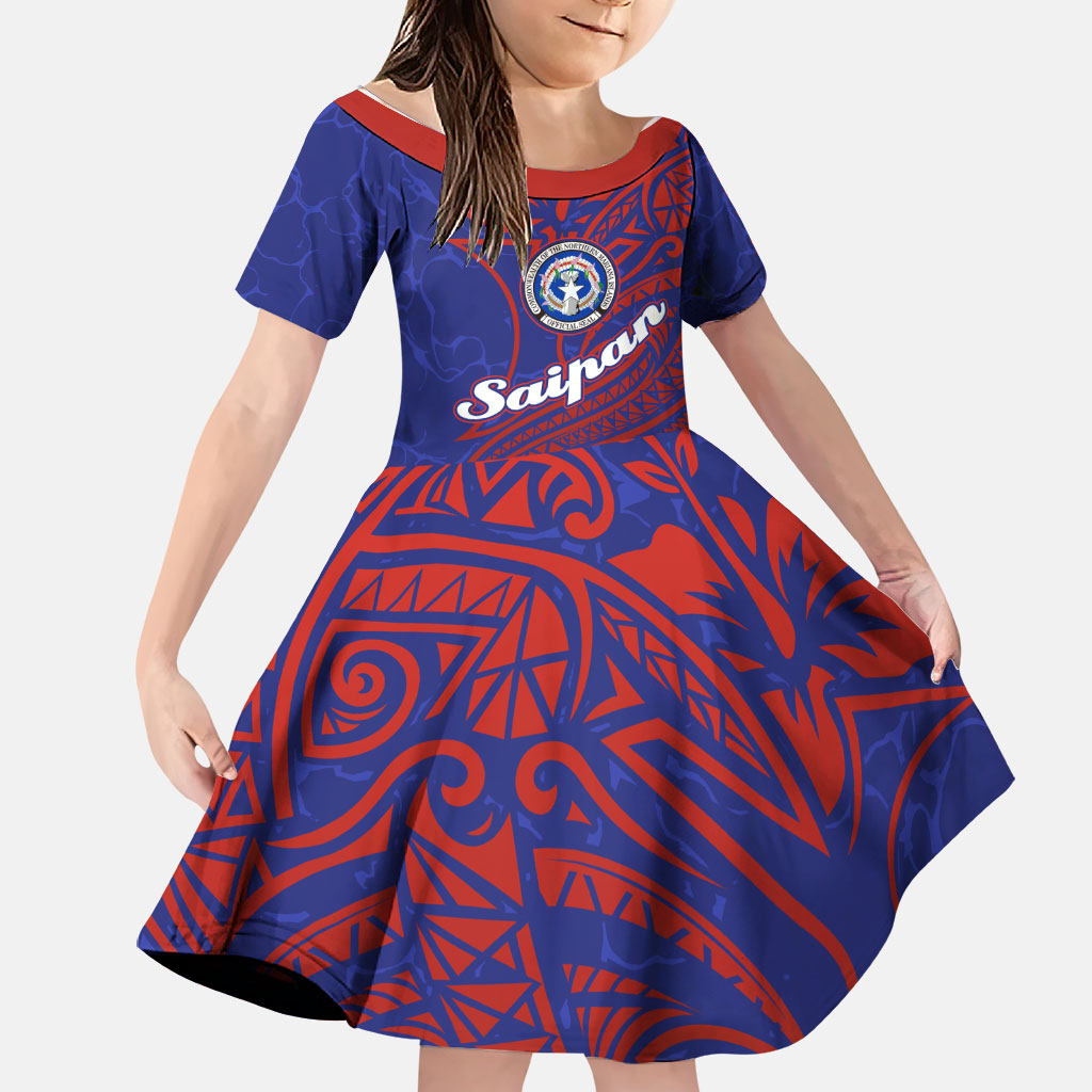 Saipan Northern Mariana Islands Family Matching Off Shoulder Short Dress and Hawaiian Shirt Polynesian Tribal Tattoo Art With Hibiscus Flowers And Seal