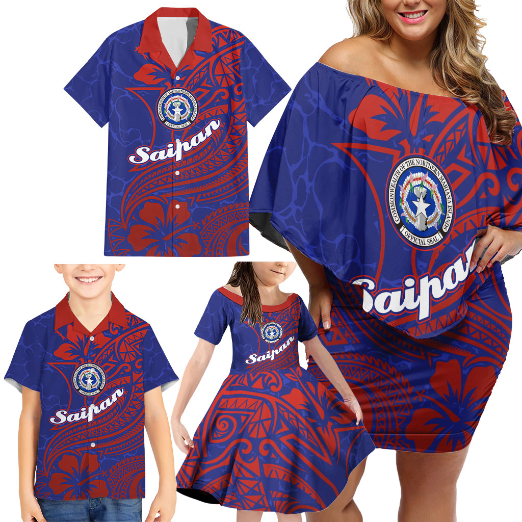 Saipan Northern Mariana Islands Family Matching Off Shoulder Short Dress and Hawaiian Shirt Polynesian Tribal Tattoo Art With Hibiscus Flowers And Seal