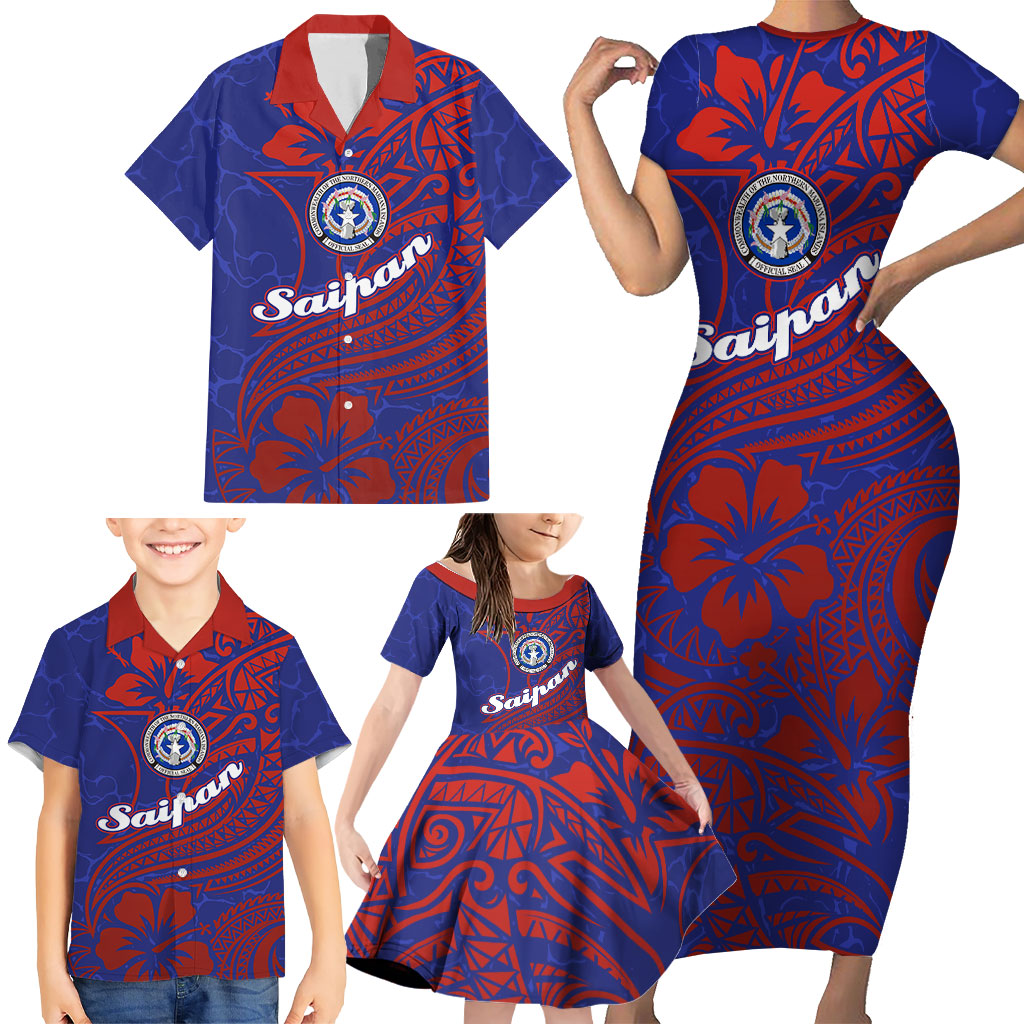 Saipan Northern Mariana Islands Family Matching Short Sleeve Bodycon Dress and Hawaiian Shirt Polynesian Tribal Tattoo Art With Hibiscus Flowers And Seal