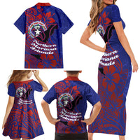 Saipan Northern Mariana Islands Family Matching Short Sleeve Bodycon Dress and Hawaiian Shirt Polynesian Tribal Tattoo Art With Hibiscus Flowers And Seal