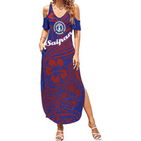 Saipan Northern Mariana Islands Family Matching Summer Maxi Dress and Hawaiian Shirt Polynesian Tribal Tattoo Art With Hibiscus Flowers And Seal