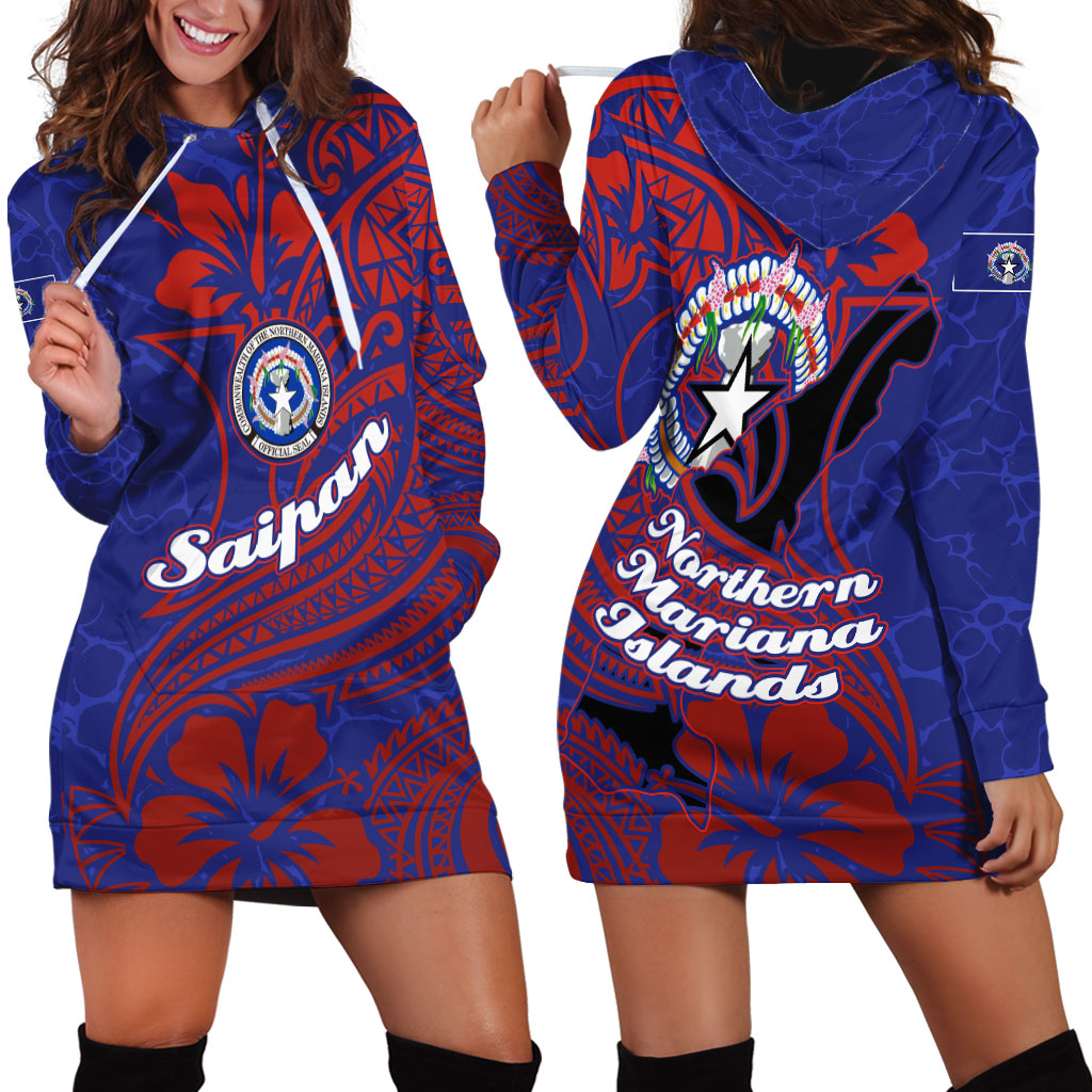 Saipan Northern Mariana Islands Hoodie Dress Polynesian Tribal Tattoo Art With Hibiscus Flowers And Seal