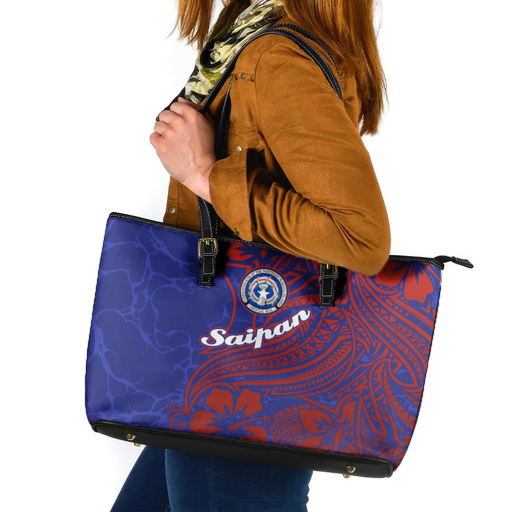 Saipan Northern Mariana Islands Leather Tote Bag Polynesian Tribal Tattoo Art With Hibiscus Flowers And Seal