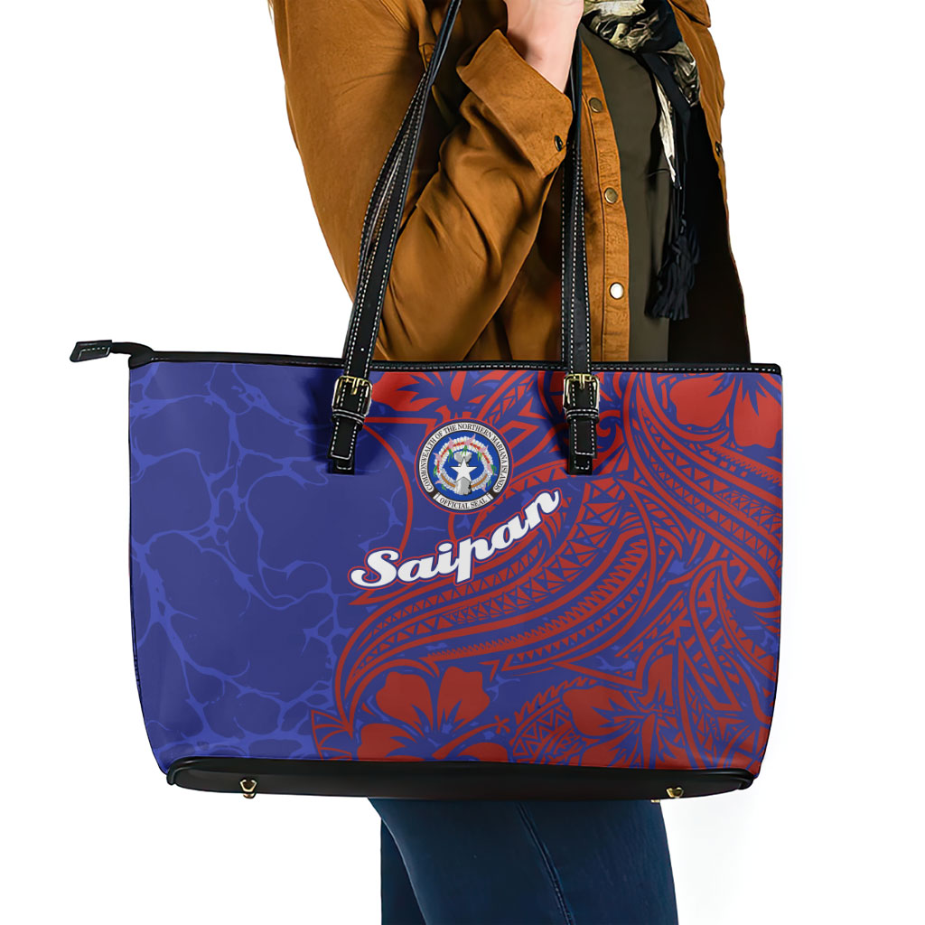 Saipan Northern Mariana Islands Leather Tote Bag Polynesian Tribal Tattoo Art With Hibiscus Flowers And Seal