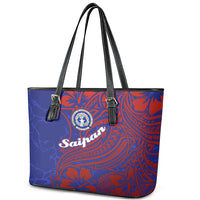 Saipan Northern Mariana Islands Leather Tote Bag Polynesian Tribal Tattoo Art With Hibiscus Flowers And Seal