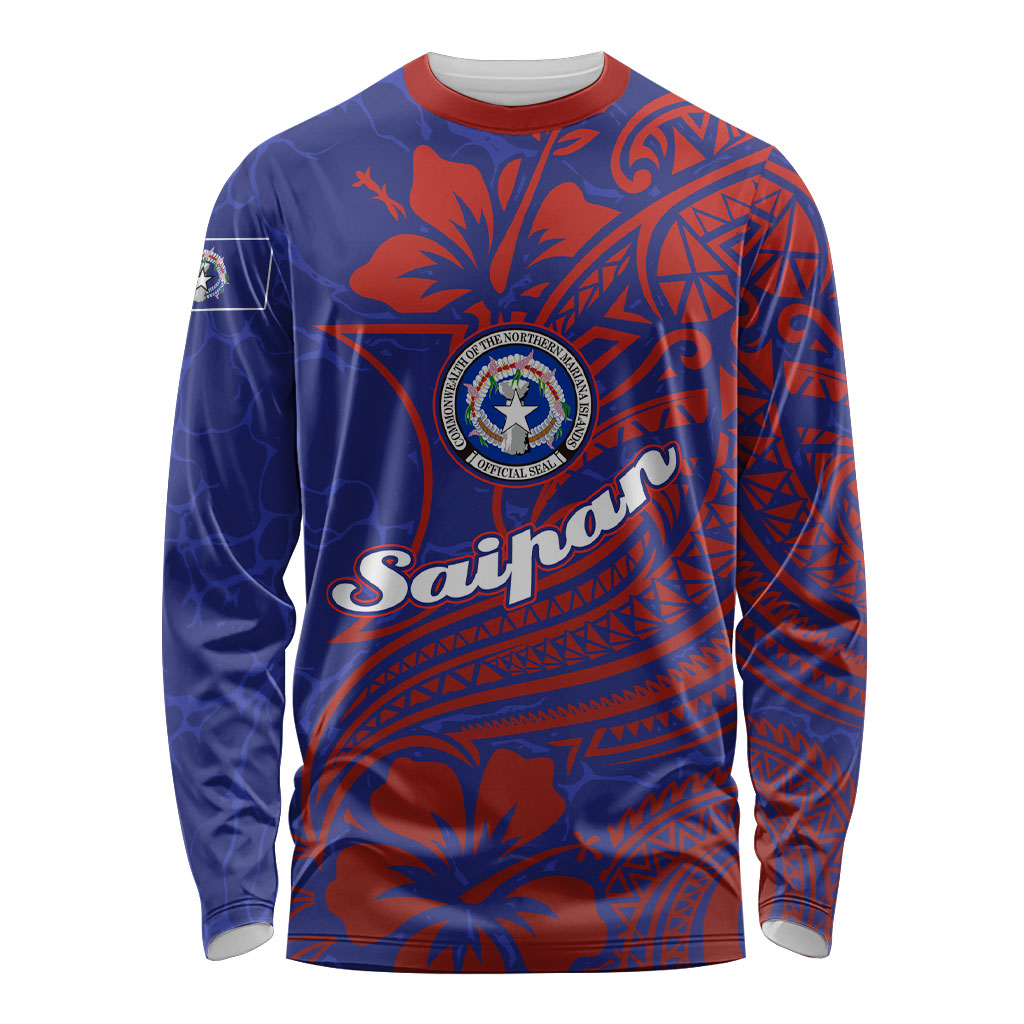 Saipan Northern Mariana Islands Long Sleeve Shirt Polynesian Tribal Tattoo Art With Hibiscus Flowers And Seal